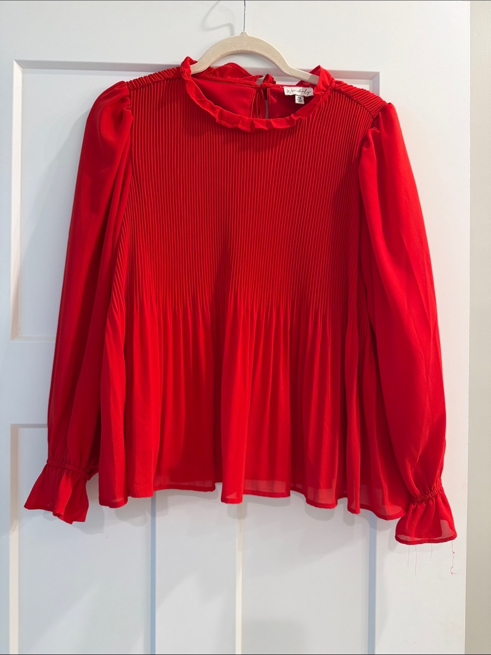 Wonderly Bright Red Pleated Ruffle-Neck Blouse